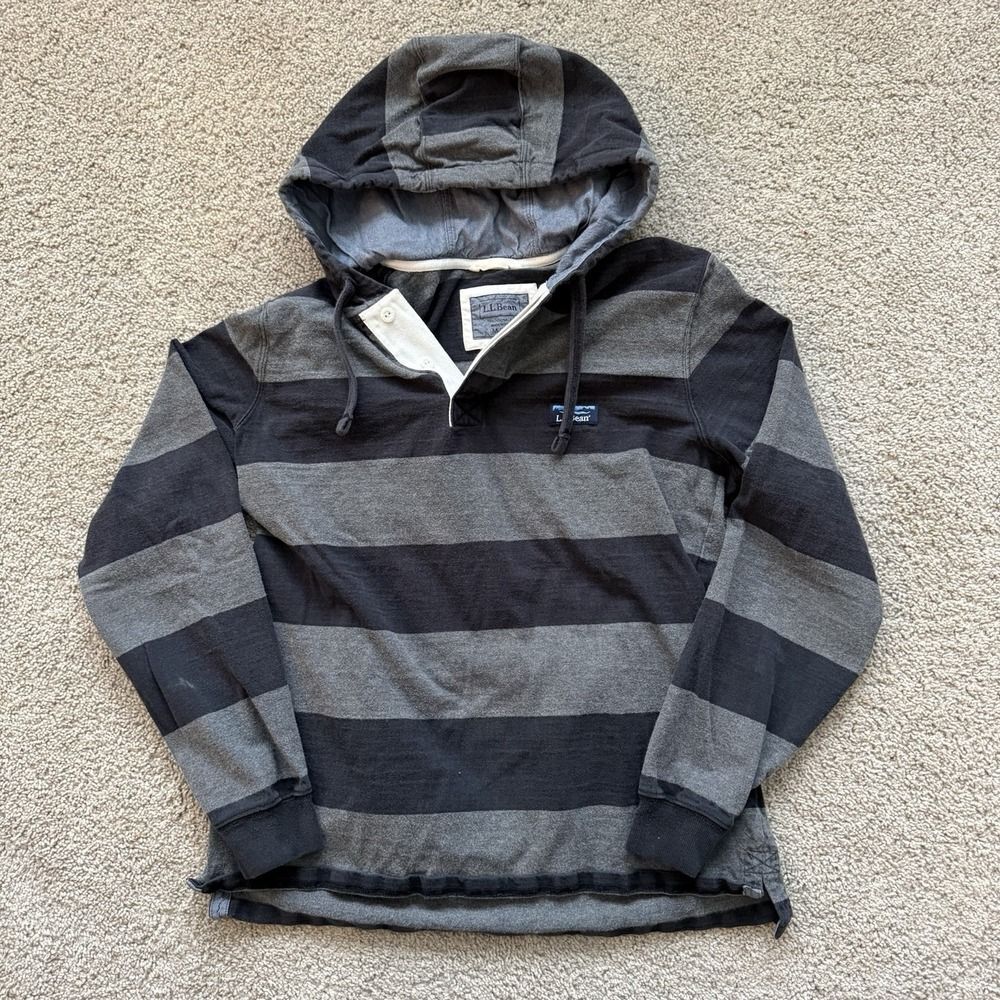LL Bean Hoodie Pullover Mens M Gray Black Striped Rugby Shirt Traditional Fit